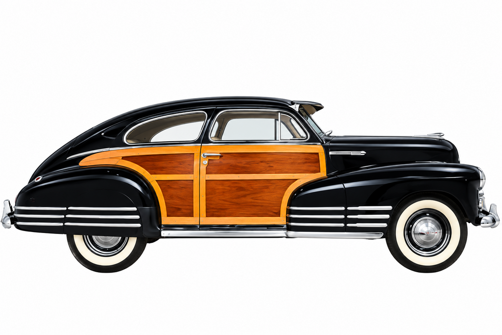 Side view of a black 1948 Chevrolet Fleetline Aerosedan on a white background.
