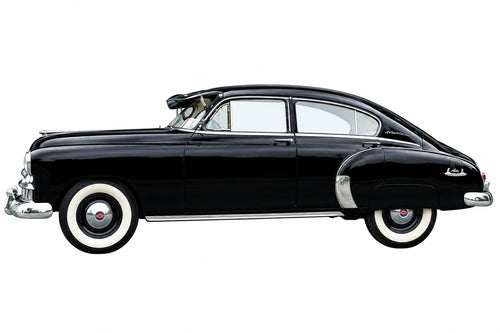 Black 1949 Chevrolet Fleetline Fastback four-door, side view showing the small rear-door window panes.