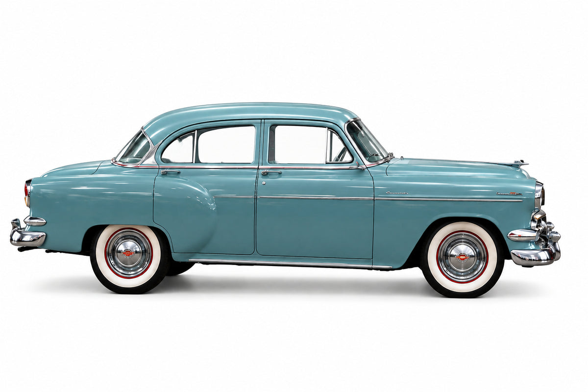 Side view of a blue 1954 Chevrolet four-door sedan on a white background.
