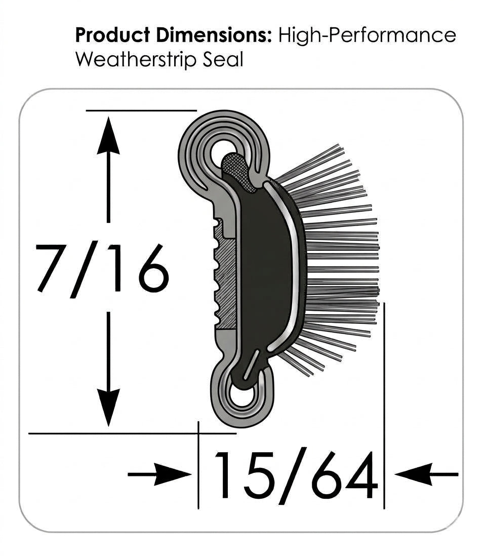 Cross-section diagram of a belt line window sweep showing the pile and profile, with dimensions marked 7/16 and 15/64.