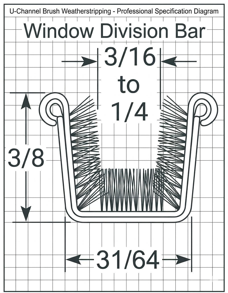 Cross-section diagram of a rigid division bar showing the fuzzy channel and dimensions marked 3/8, 31/64, and 3/16 to 1/4.