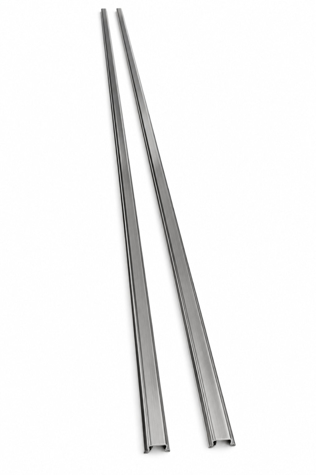 Pair of straight rigid division bars shown from the silver metal side against a white background.