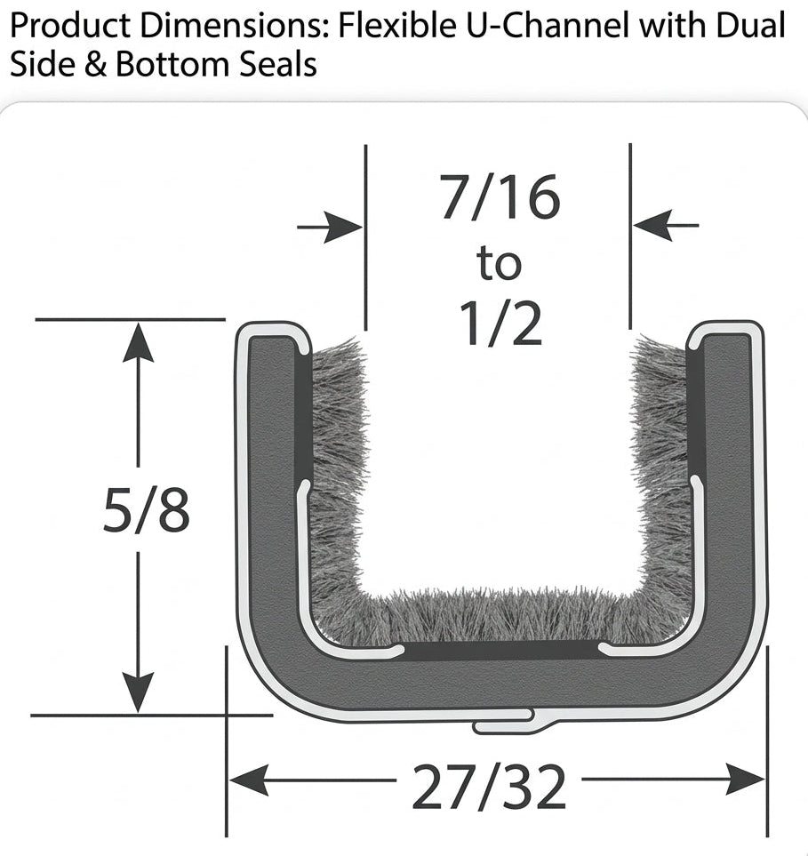 Cross section dimension diagram of rigid steel-core U channel window run with dual side and bottom seals measurements show 5/8 inch height, 27/32 inch total width, and 7/16 to 1/2 inch open width