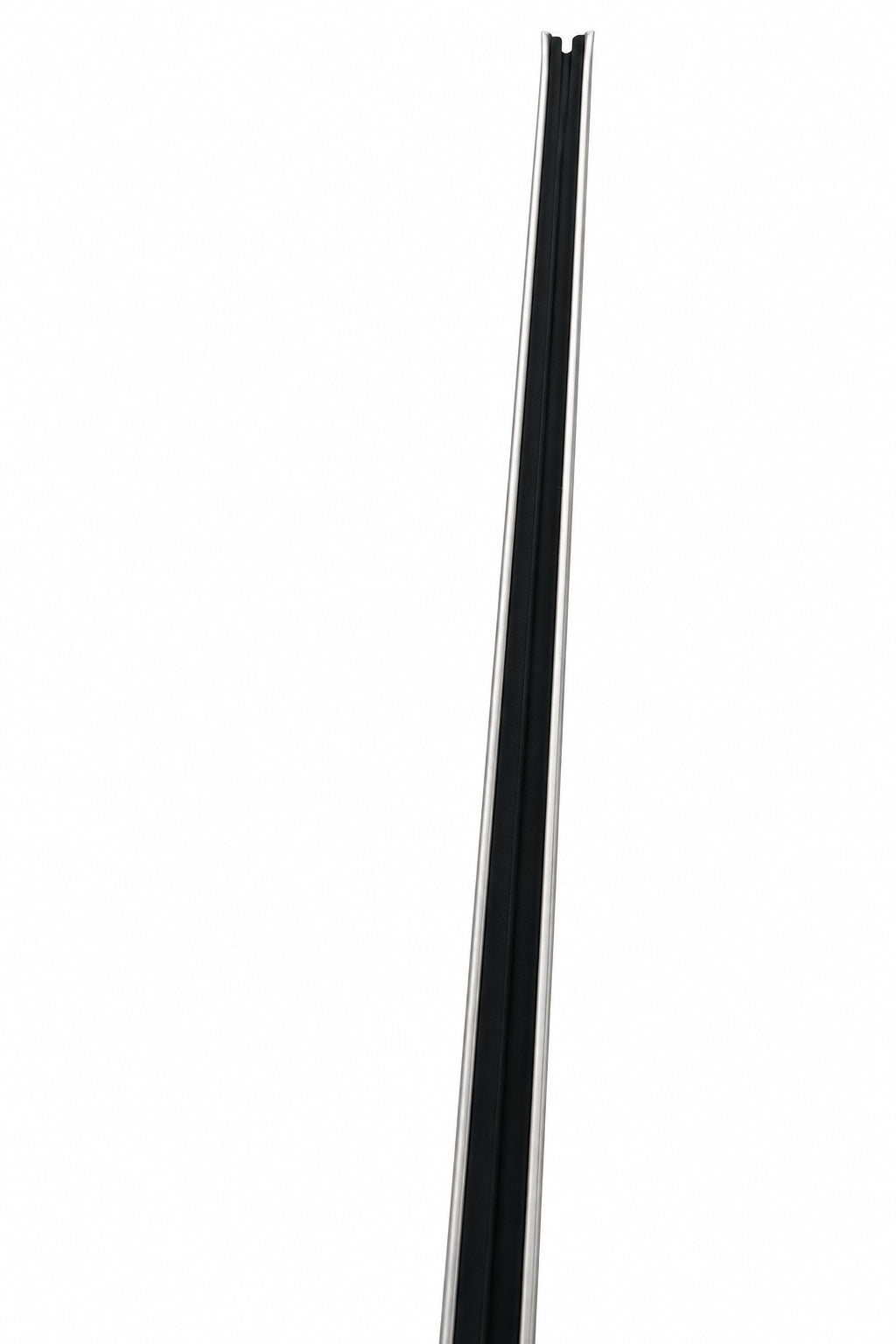 Side view of a straight cloth-covered window run channel with stainless steel beaded edges.